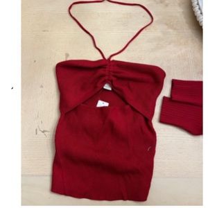 Anthropologie Maeve cut out ribbed halter top raspberry red color stretches NWT